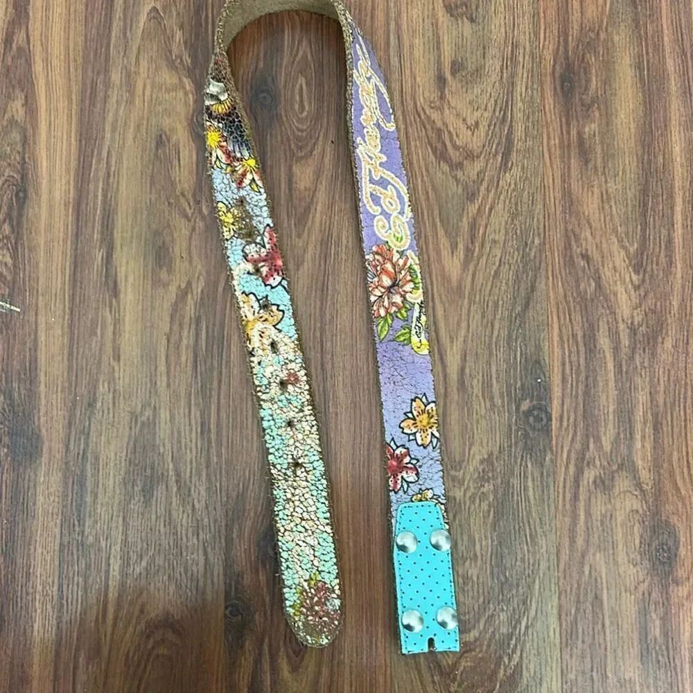 Vintage Ed Hardy y2k purple turquoise genuine leather belt brown no buckle S